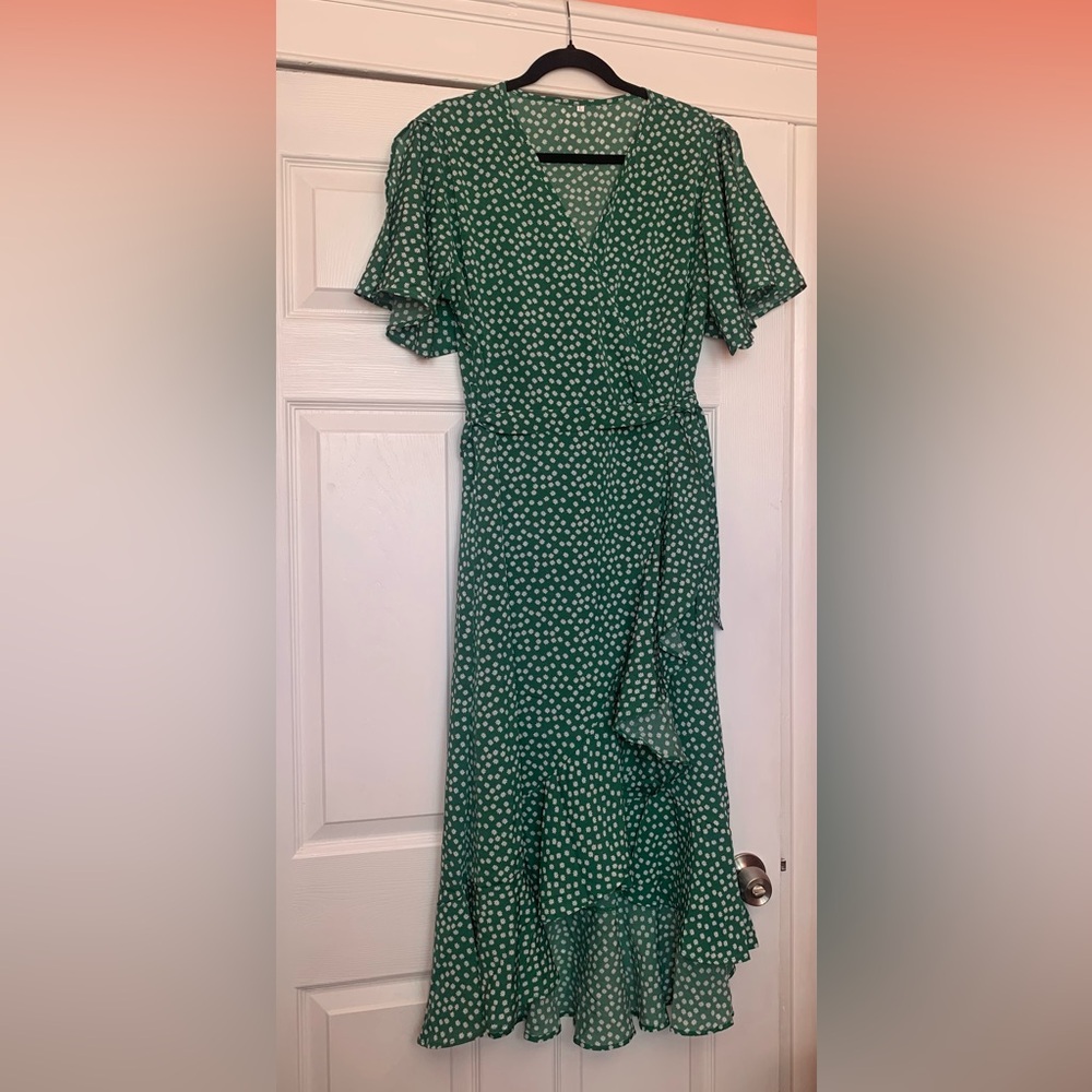 Green Polka Dot Wrap Midi Dress